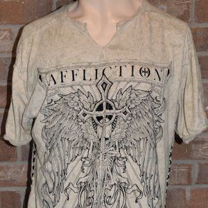 Affliction Live Fast T Shirt Men XL Beige Distressed Graphic Design Short Sleeve